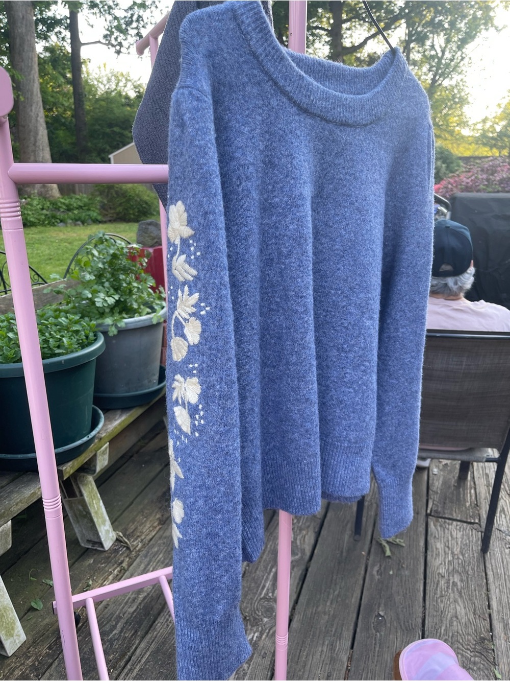 Cynthia Rowley Blue Crewneck Sweater with Cream Floral Sleeve Embroidery